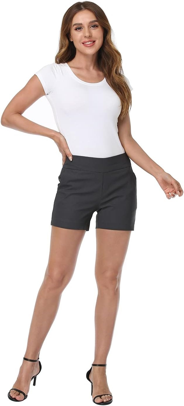 image:imageHDE Chino Shorts for Women 4 Inseam Elastic High Waisted Casual Summer ShortsCharcoal