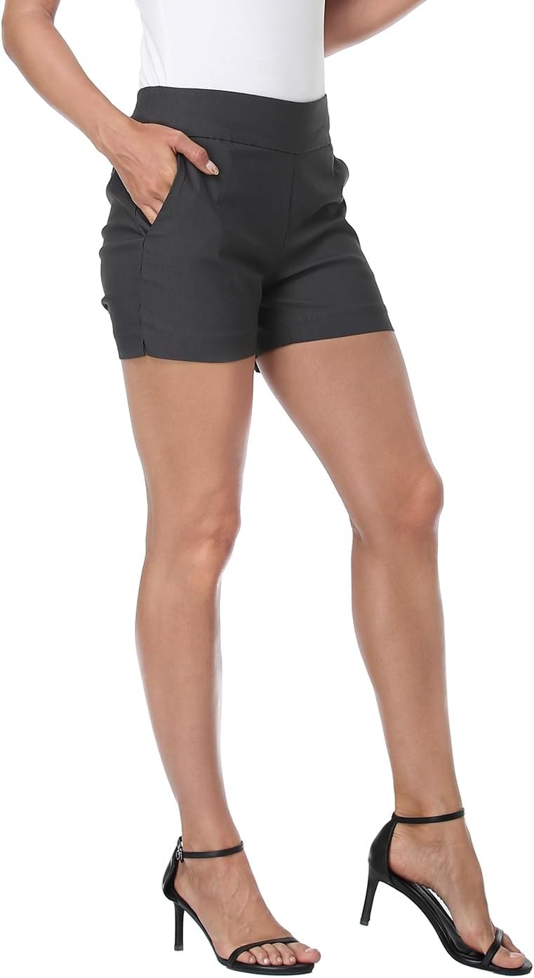image:imageHDE Chino Shorts for Women 4 Inseam Elastic High Waisted Casual Summer ShortsCharcoal