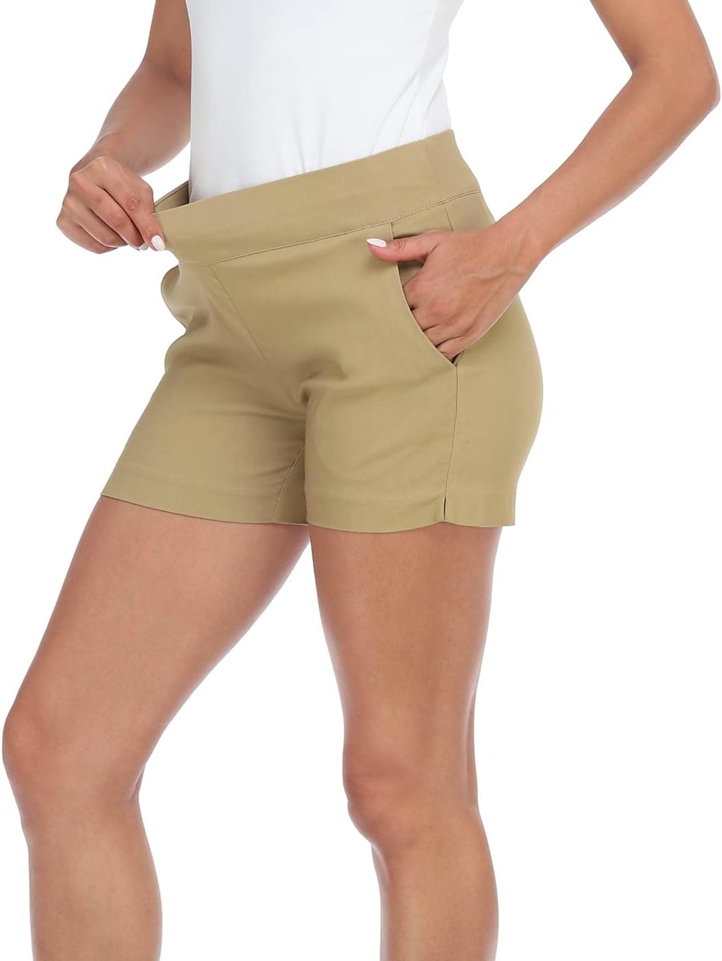 image:imageHDE Chino Shorts for Women 4 Inseam Elastic High Waisted Casual Summer ShortsDark Khaki