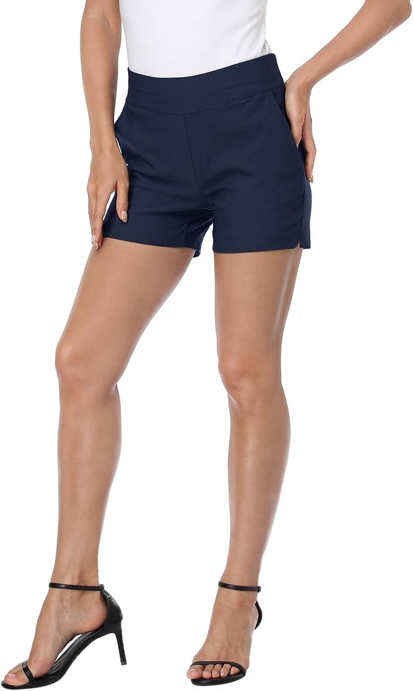 image:imageHDE Chino Shorts for Women 4 Inseam Elastic High Waisted Casual Summer ShortsNavy Blue