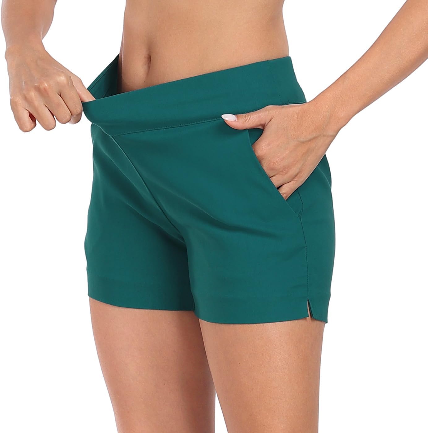 image:imageHDE Chino Shorts for Women 4 Inseam Elastic High Waisted Casual Summer ShortsTeal