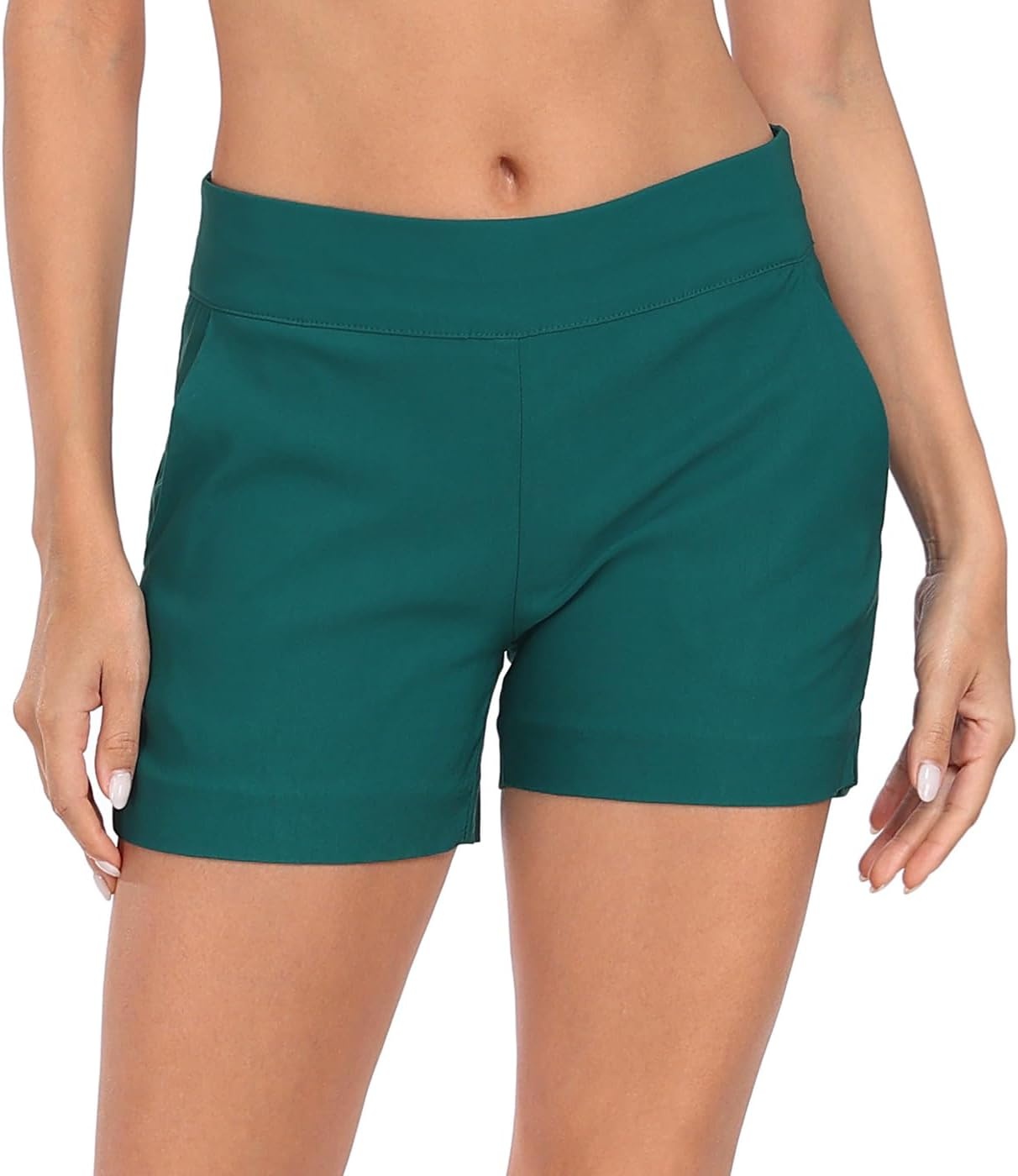 image:imageHDE Chino Shorts for Women 4 Inseam Elastic High Waisted Casual Summer ShortsTeal