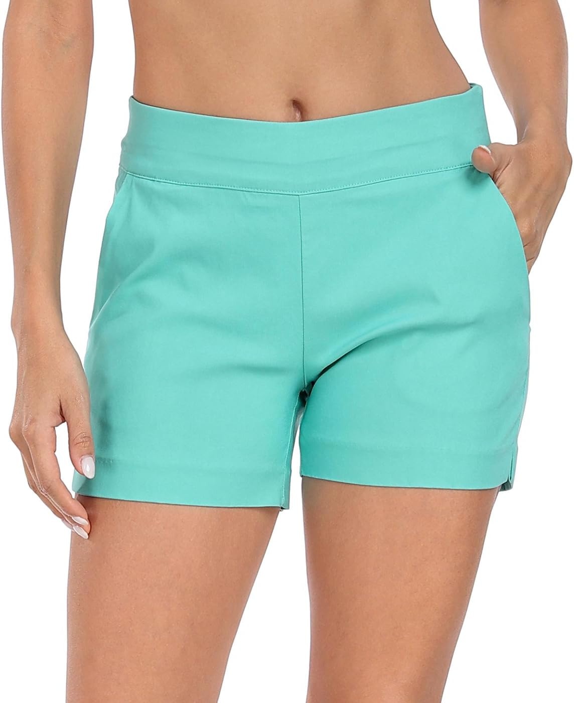 image:imageHDE Chino Shorts for Women 4 Inseam Elastic High Waisted Casual Summer ShortsTurquoise