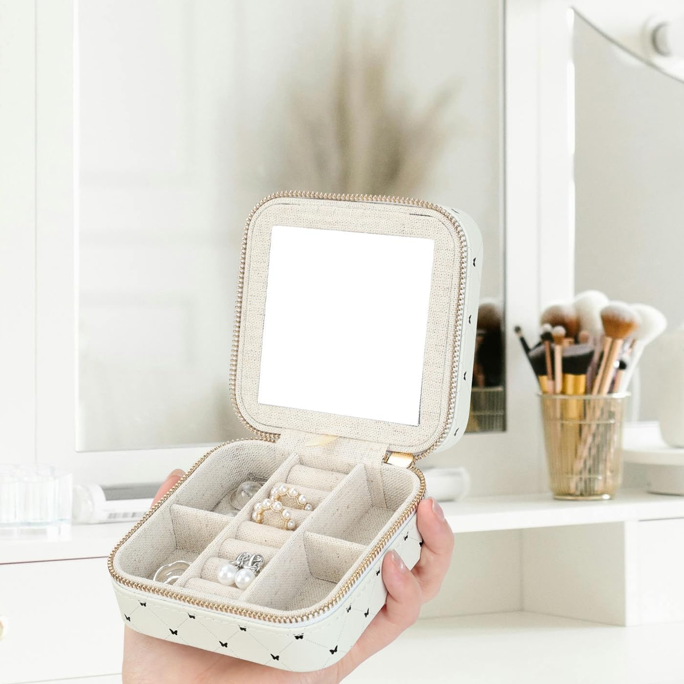 image:imageHDE Girls Travel Jewelry Case Faux Leather Mini Organizer Box with Mirror Small Portable Ring Storage Gift for Tweens Teens ButterflyButterfly