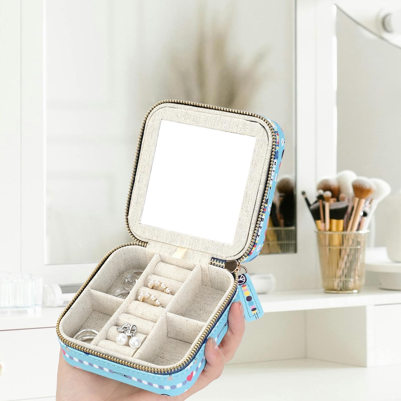 image:imageHDE Girls Travel Jewelry Case Faux Leather Mini Organizer Box with Mirror Small Portable Ring Storage Gift for Tweens Teens ButterflyFriendship Bracelet