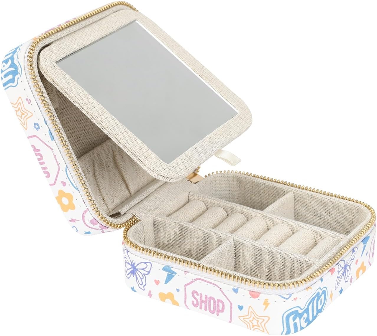 image:imageHDE Girls Travel Jewelry Case Faux Leather Mini Organizer Box with Mirror Small Portable Ring Storage Gift for Tweens Teens ButterflyGirly Stickers
