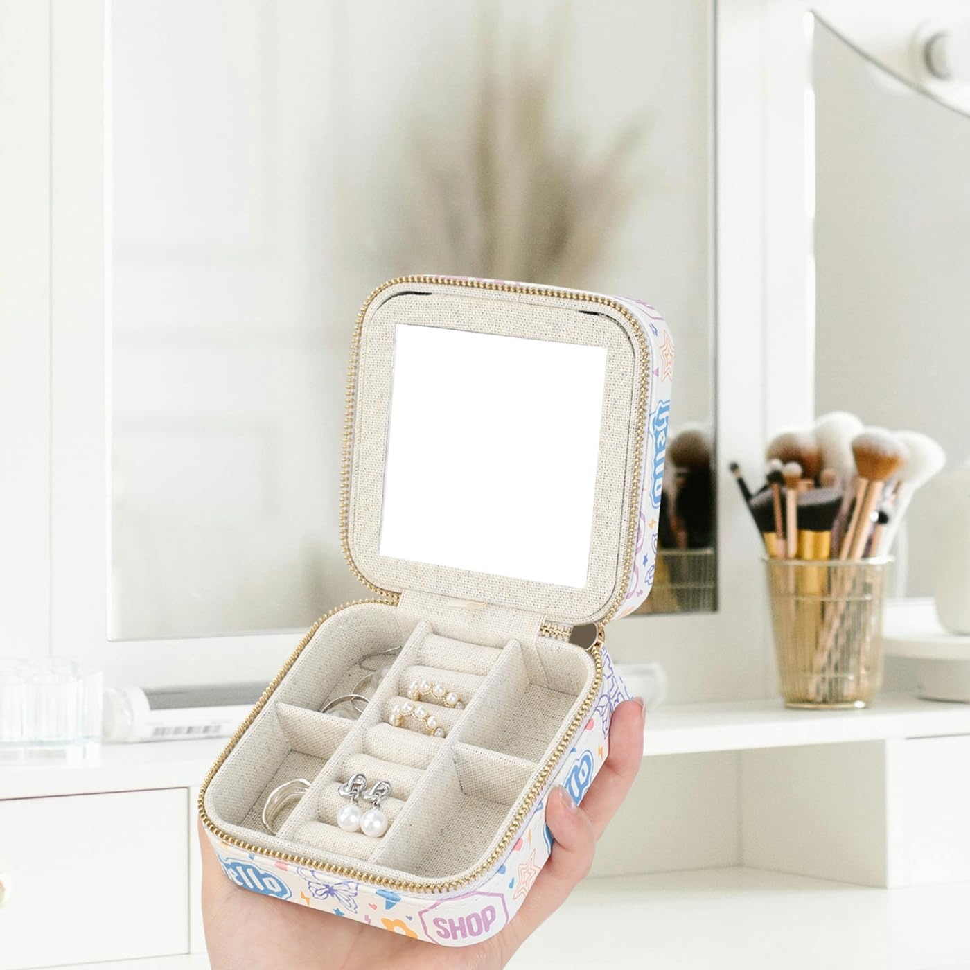 image:imageHDE Girls Travel Jewelry Case Faux Leather Mini Organizer Box with Mirror Small Portable Ring Storage Gift for Tweens Teens ButterflyGirly Stickers