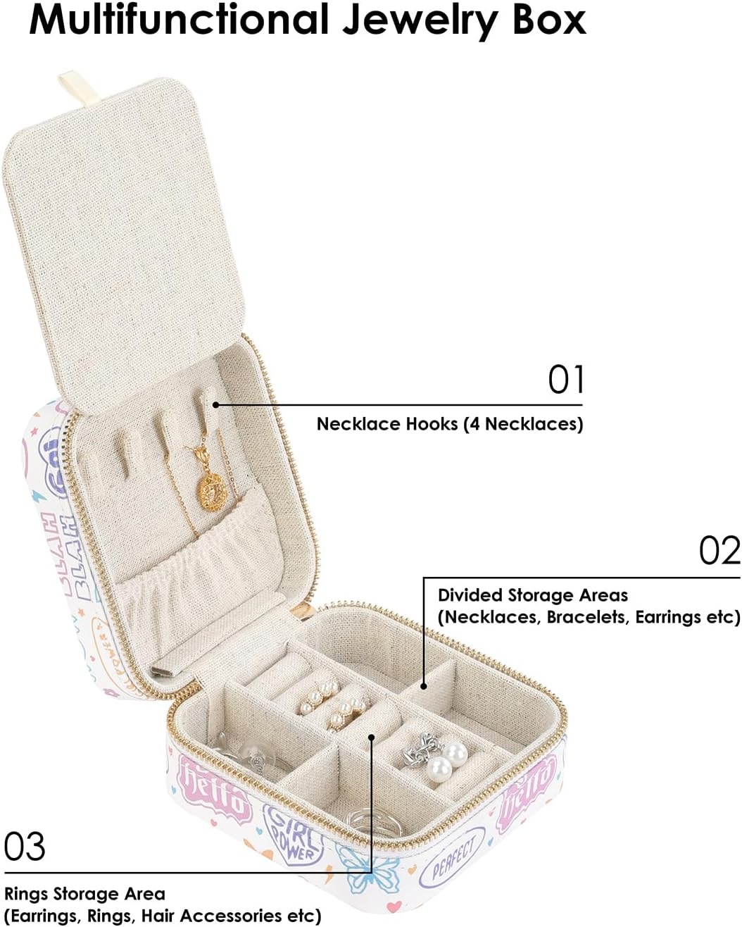 image:imageHDE Girls Travel Jewelry Case Faux Leather Mini Organizer Box with Mirror Small Portable Ring Storage Gift for Tweens Teens ButterflyGirly Stickers