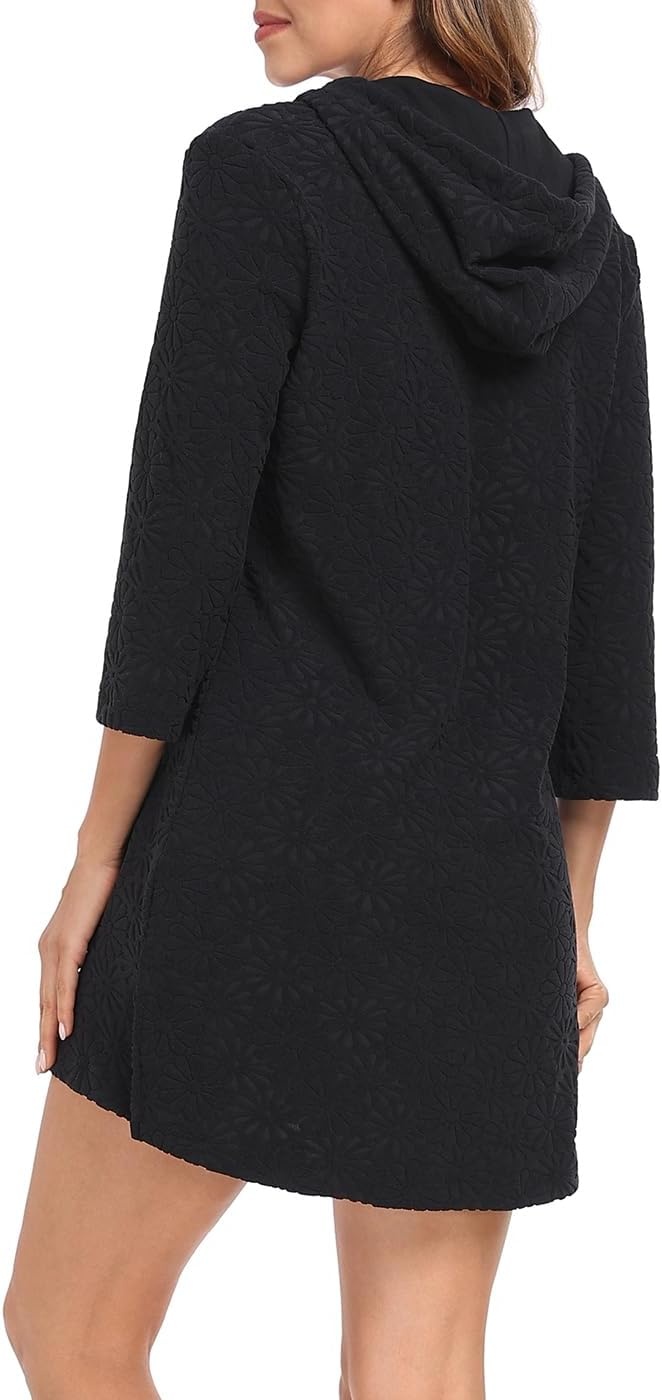 image:imageHDE Womens Terry Cloth Beach Cover Up Tunic Dress Swimsuit Coverup with HoodBlack