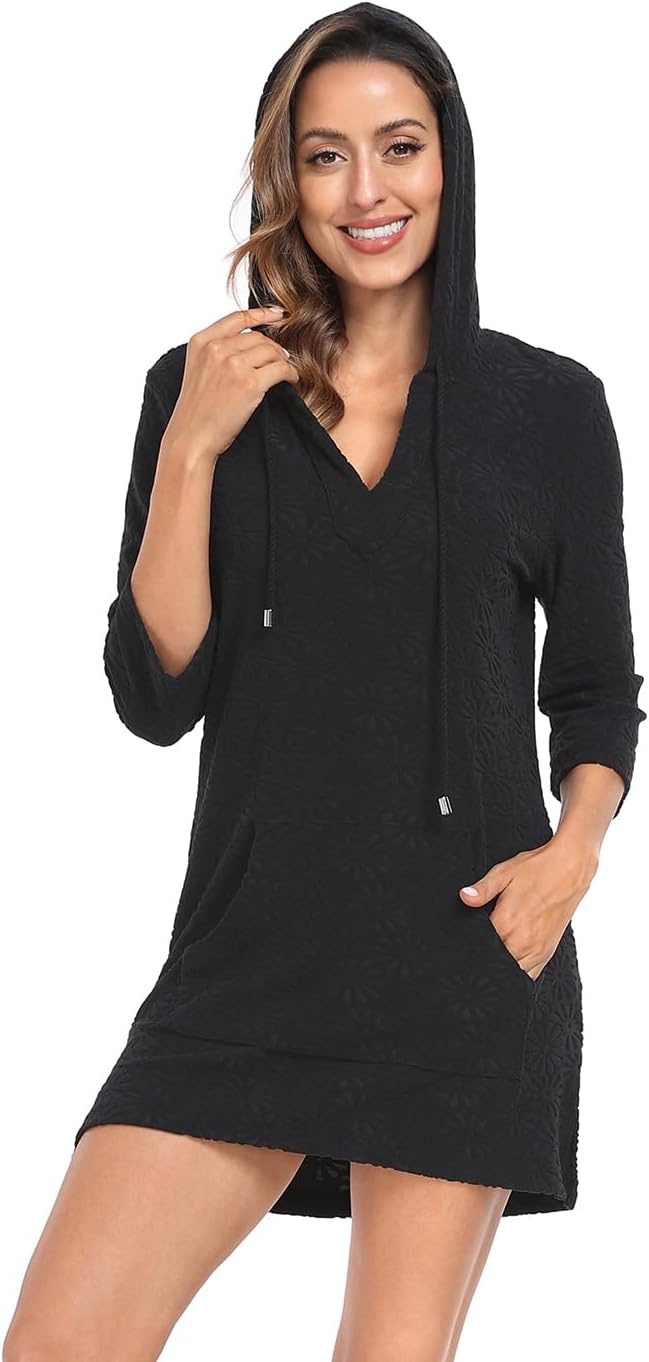 image:imageHDE Womens Terry Cloth Beach Cover Up Tunic Dress Swimsuit Coverup with HoodBlack