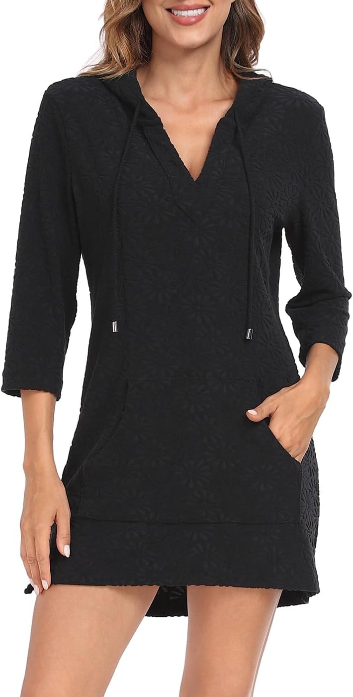 image:imageHDE Womens Terry Cloth Beach Cover Up Tunic Dress Swimsuit Coverup with HoodBlack