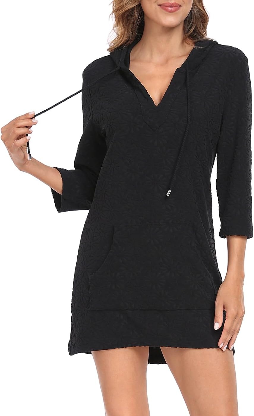 image:imageHDE Womens Terry Cloth Beach Cover Up Tunic Dress Swimsuit Coverup with HoodBlack