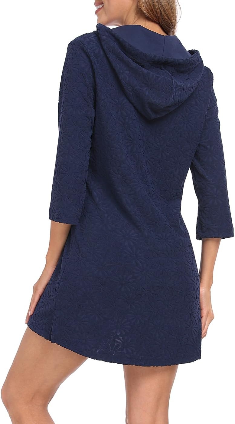 image:imageHDE Womens Terry Cloth Beach Cover Up Tunic Dress Swimsuit Coverup with HoodMaritime Navy Blue