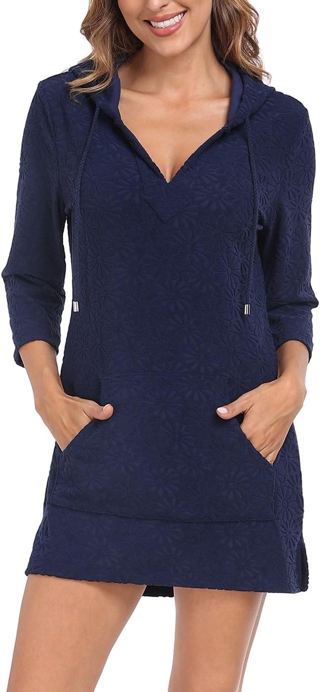 image:imageHDE Womens Terry Cloth Beach Cover Up Tunic Dress Swimsuit Coverup with HoodMaritime Navy Blue