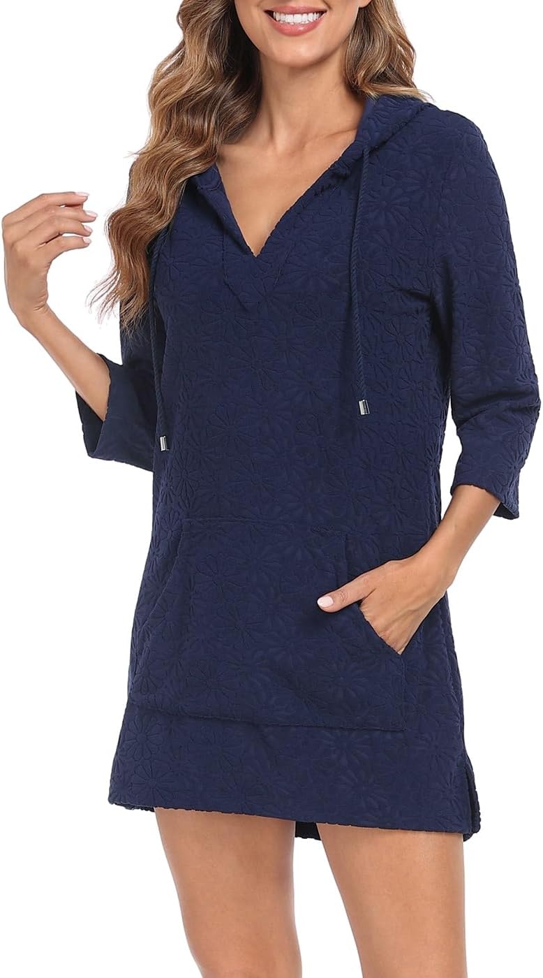 image:imageHDE Womens Terry Cloth Beach Cover Up Tunic Dress Swimsuit Coverup with HoodMaritime Navy Blue