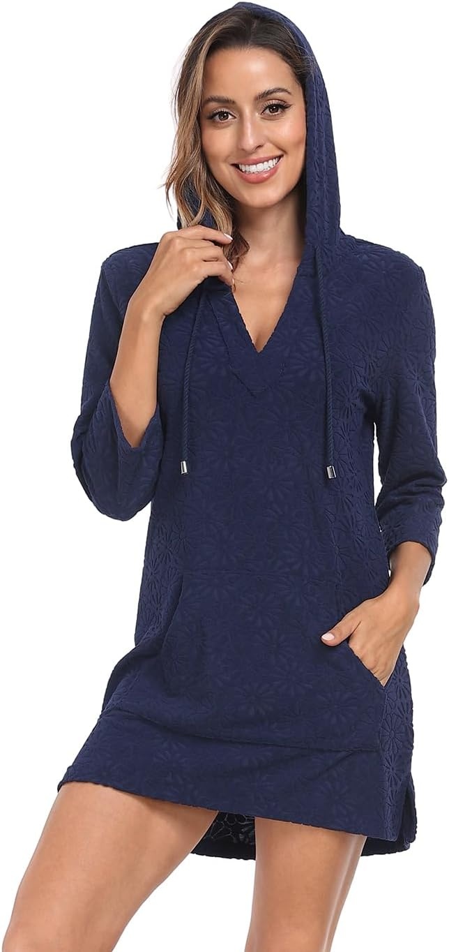 image:imageHDE Womens Terry Cloth Beach Cover Up Tunic Dress Swimsuit Coverup with HoodMaritime Navy Blue