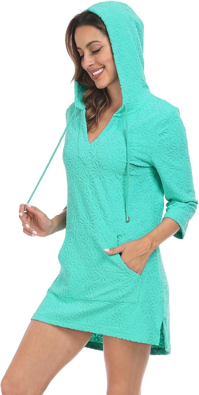 image:imageHDE Womens Terry Cloth Beach Cover Up Tunic Dress Swimsuit Coverup with HoodTurquoise