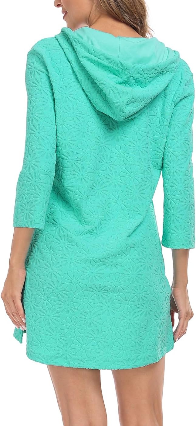 image:imageHDE Womens Terry Cloth Beach Cover Up Tunic Dress Swimsuit Coverup with HoodTurquoise