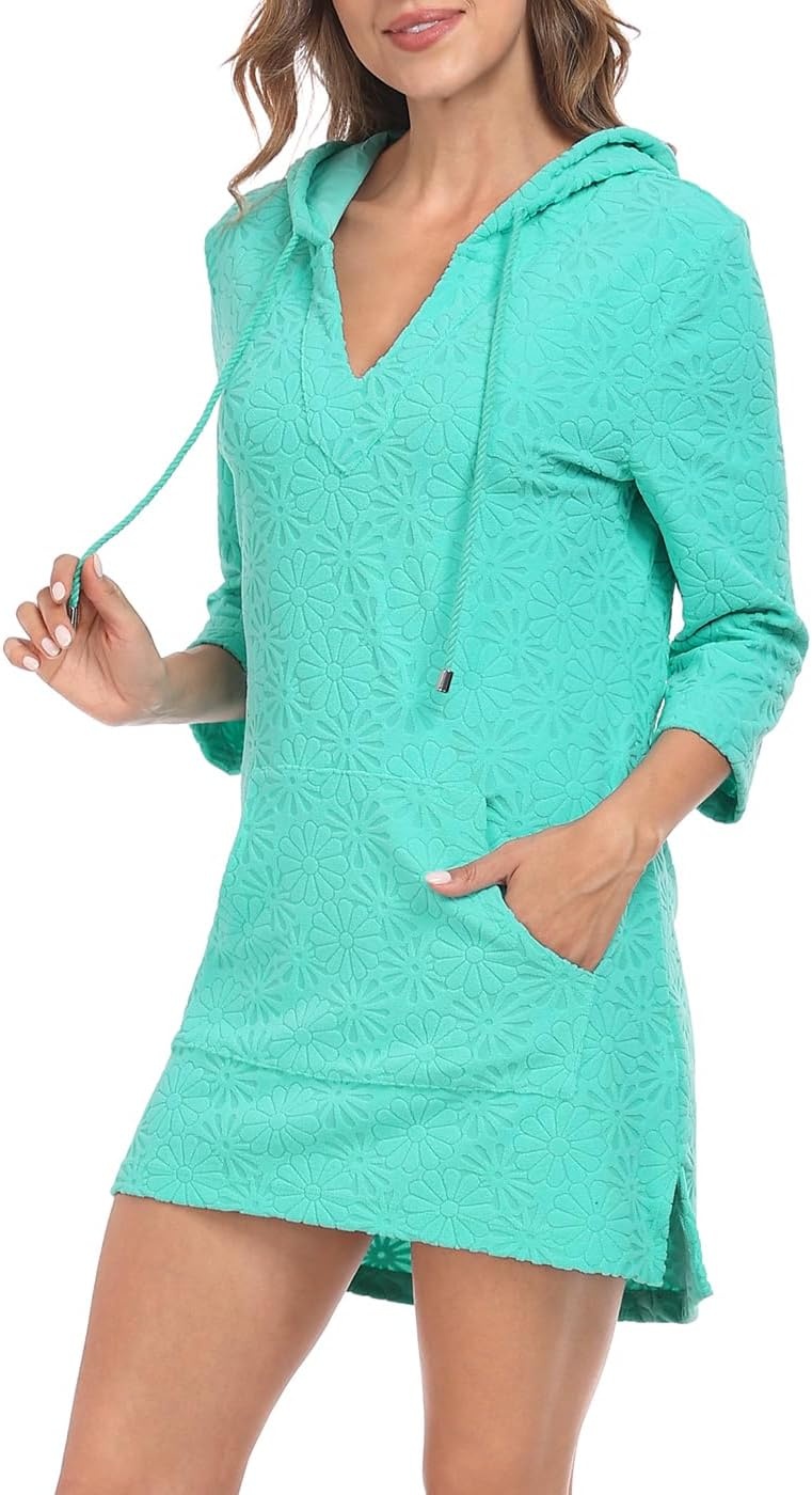 image:imageHDE Womens Terry Cloth Beach Cover Up Tunic Dress Swimsuit Coverup with HoodTurquoise