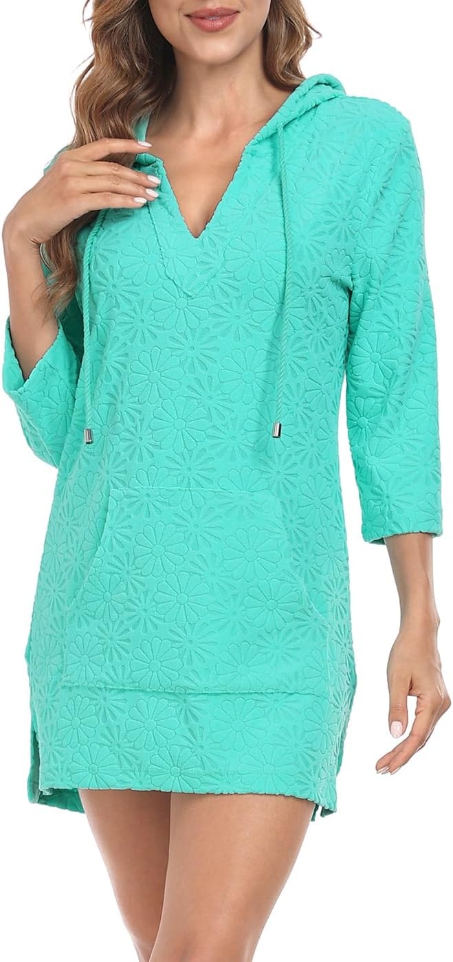 image:imageHDE Womens Terry Cloth Beach Cover Up Tunic Dress Swimsuit Coverup with HoodTurquoise