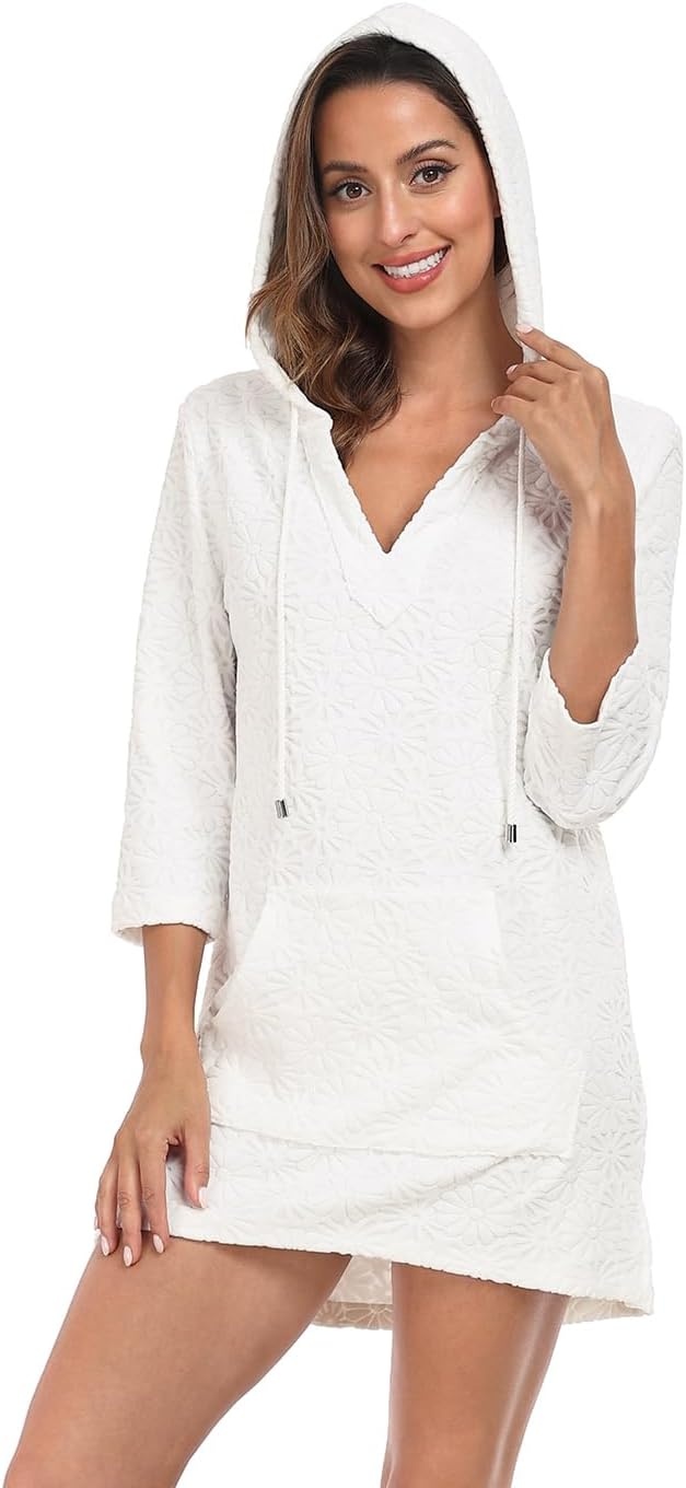 image:imageHDE Womens Terry Cloth Beach Cover Up Tunic Dress Swimsuit Coverup with HoodWhite