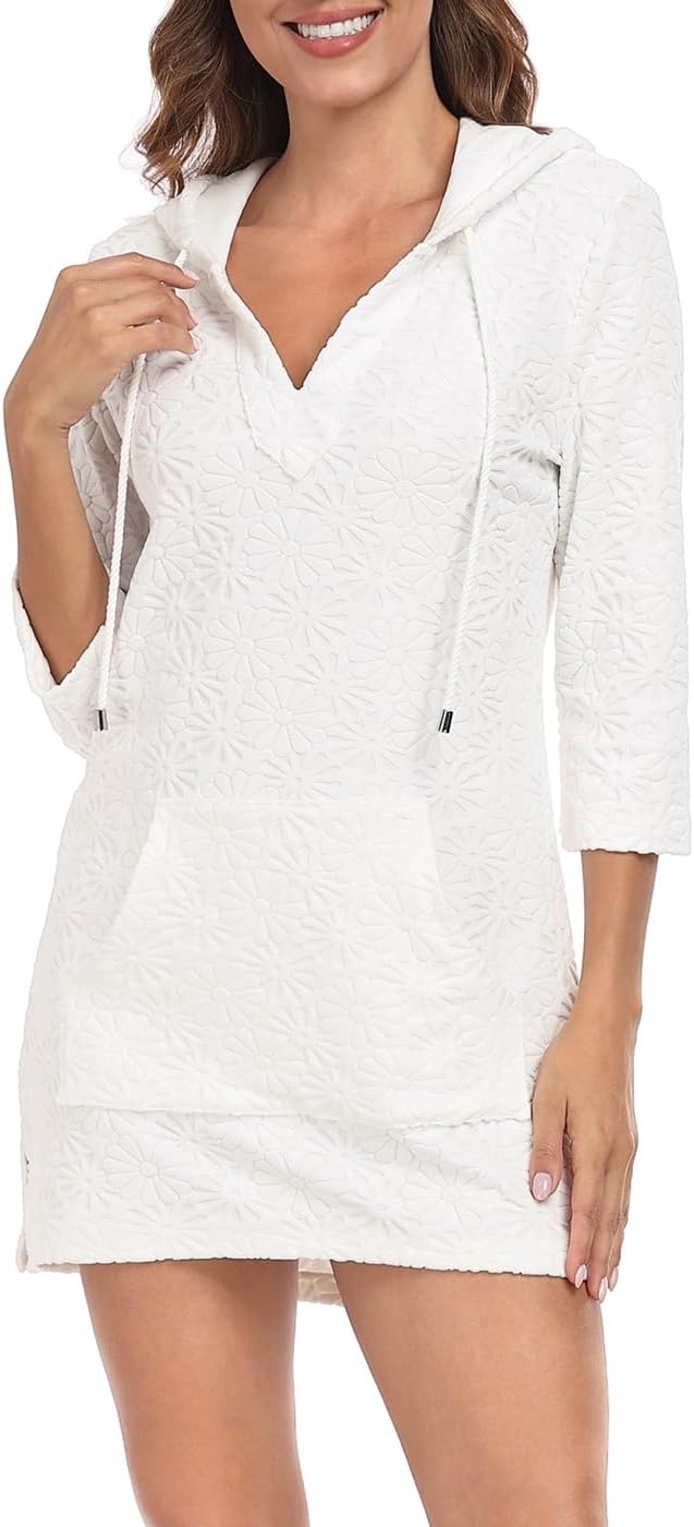 image:imageHDE Womens Terry Cloth Beach Cover Up Tunic Dress Swimsuit Coverup with HoodWhite