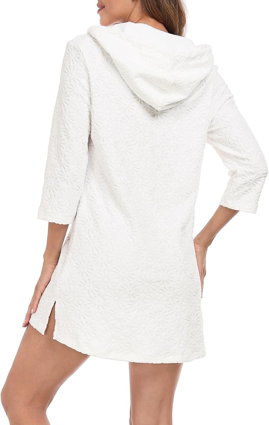 image:imageHDE Womens Terry Cloth Beach Cover Up Tunic Dress Swimsuit Coverup with HoodWhite