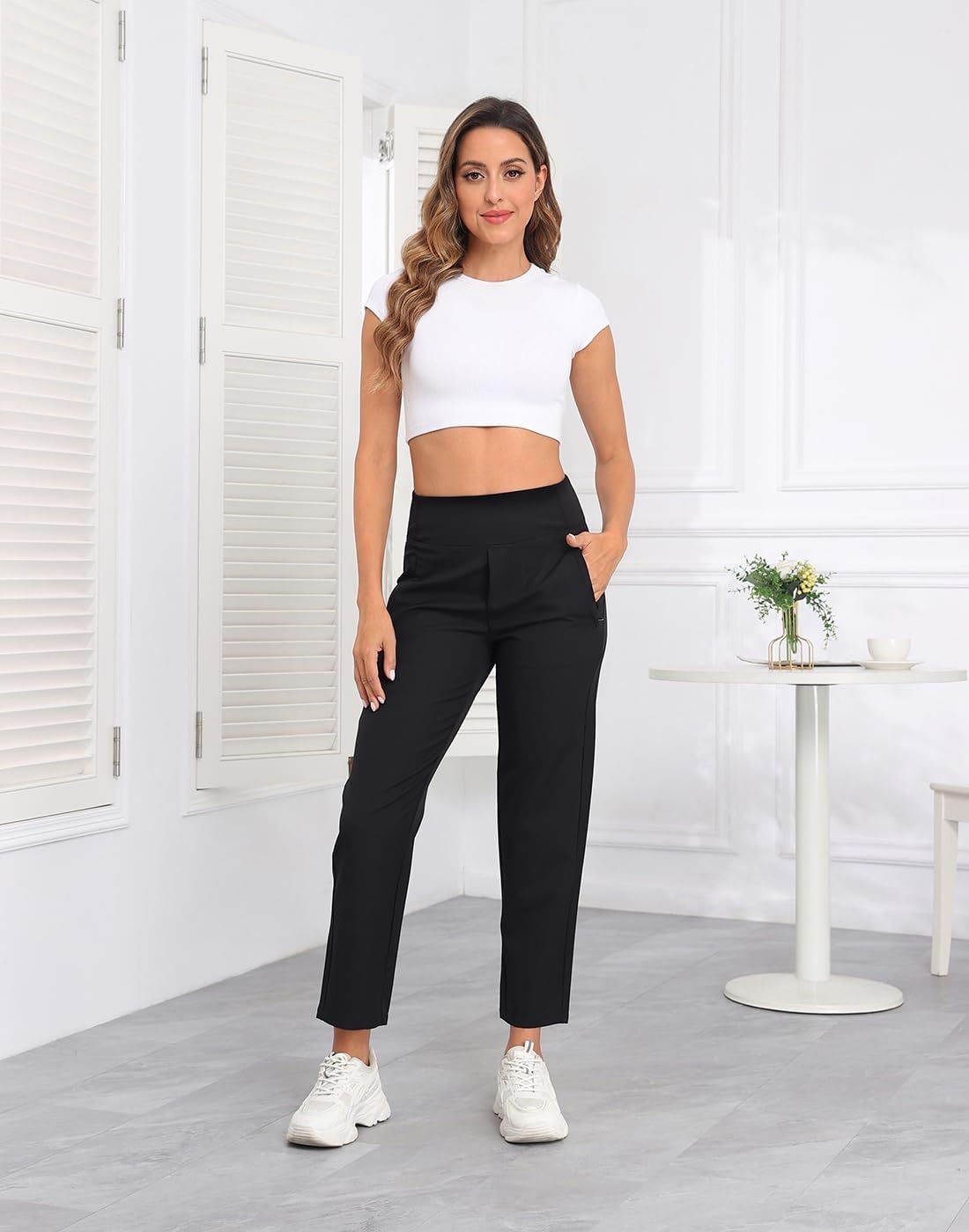 image:imageHDE Womens Travel Pants High Waist Stretch Work Golf Hiking Pant with PocketsBlack