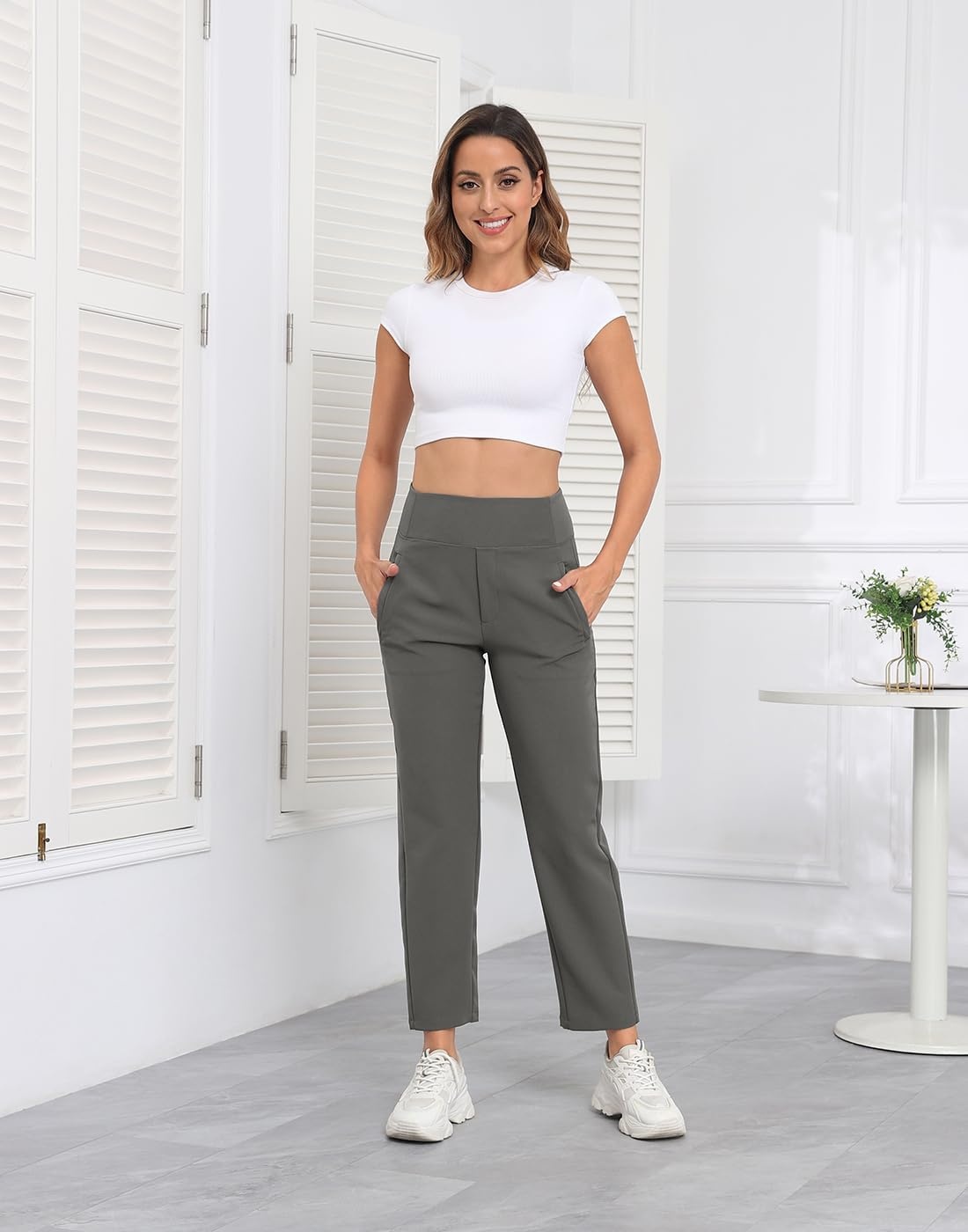 image:imageHDE Womens Travel Pants High Waist Stretch Work Golf Hiking Pant with PocketsCharcoal Gray