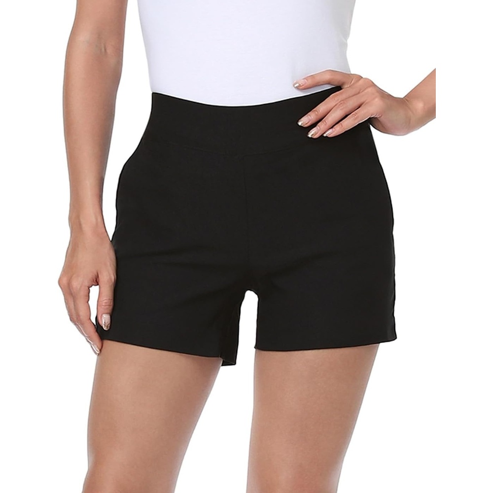 image:imageHDE Chino Shorts for Women 4 Inseam Elastic High Waisted Casual Summer ShortsBlack