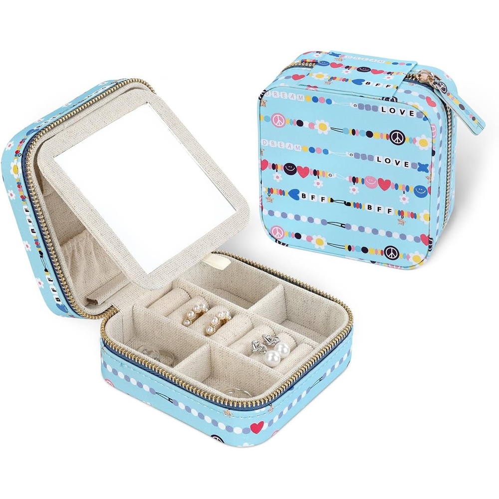 image:imageHDE Girls Travel Jewelry Case Faux Leather Mini Organizer Box with Mirror Small Portable Ring Storage Gift for Tweens Teens ButterflyFriendship Bracelet