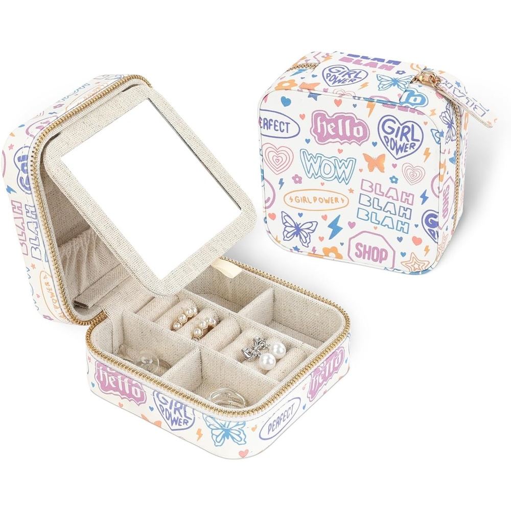 image:imageHDE Girls Travel Jewelry Case Faux Leather Mini Organizer Box with Mirror Small Portable Ring Storage Gift for Tweens Teens ButterflyGirly Stickers
