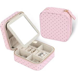 image:imageHDE Girls Travel Jewelry Case Faux Leather Mini Organizer Box with Mirror Small Portable Ring Storage Gift for Tweens Teens  ButterflyPink Polka Dots