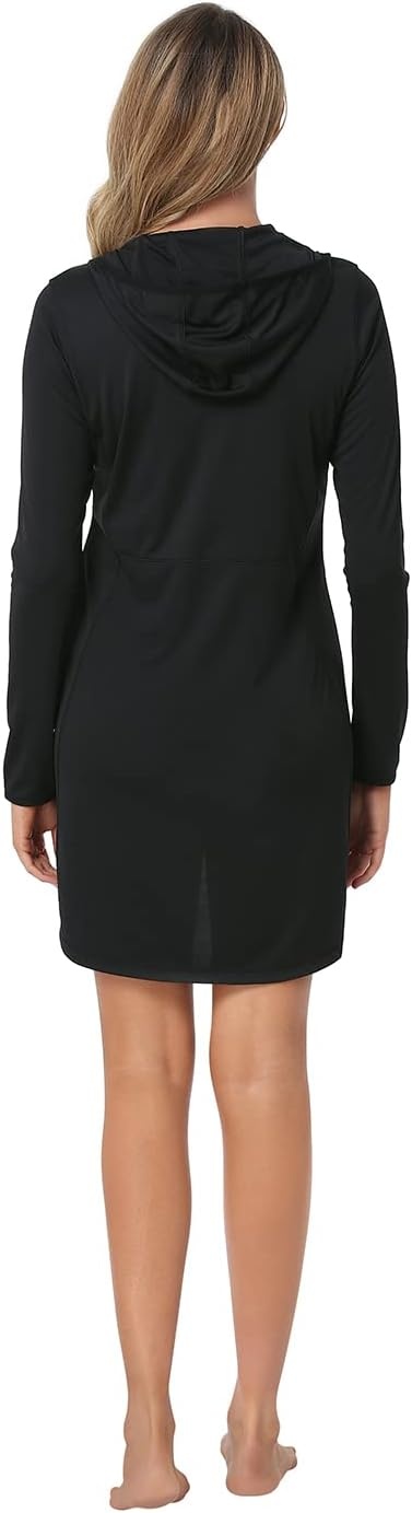 image:imageHDE Beach Coverups for Women UPF 50 Long Sleeve Swim Cover Up Dress with Hood Quick Dry Sun Protection Tunic with PocketsBlack