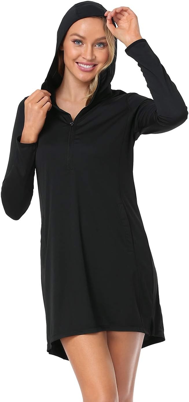 image:imageHDE Beach Coverups for Women UPF 50 Long Sleeve Swim Cover Up Dress with Hood Quick Dry Sun Protection Tunic with PocketsBlack
