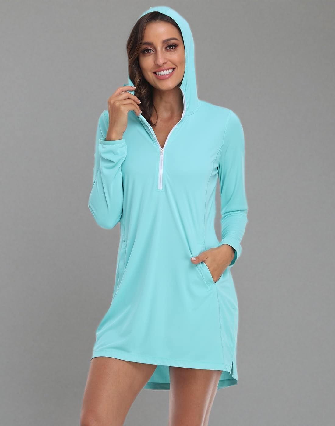 image:imageHDE Beach Coverups for Women UPF 50 Long Sleeve Swim Cover Up Dress with Hood Quick Dry Sun Protection Tunic with PocketsBlue
