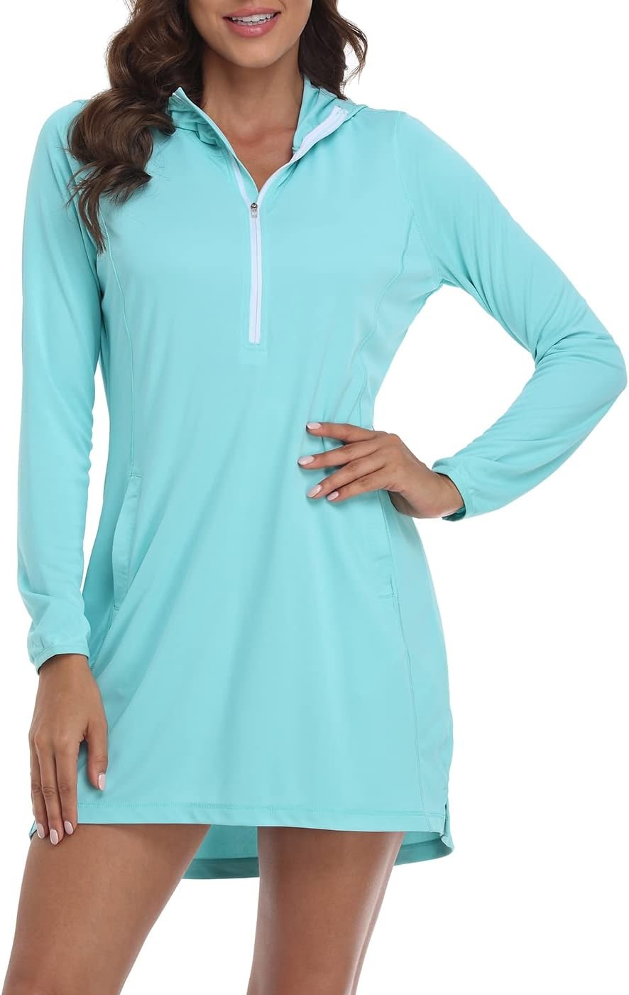 image:imageHDE Beach Coverups for Women UPF 50 Long Sleeve Swim Cover Up Dress with Hood Quick Dry Sun Protection Tunic with PocketsBlue