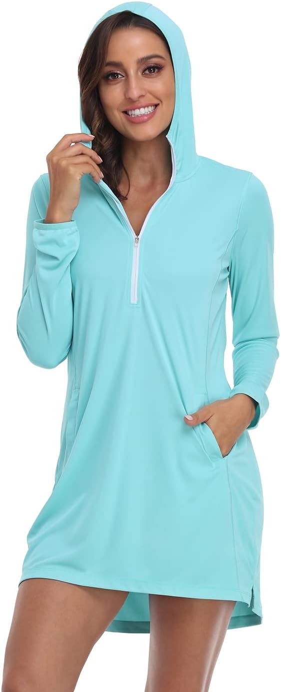 image:imageHDE Beach Coverups for Women UPF 50 Long Sleeve Swim Cover Up Dress with Hood Quick Dry Sun Protection Tunic with PocketsBlue