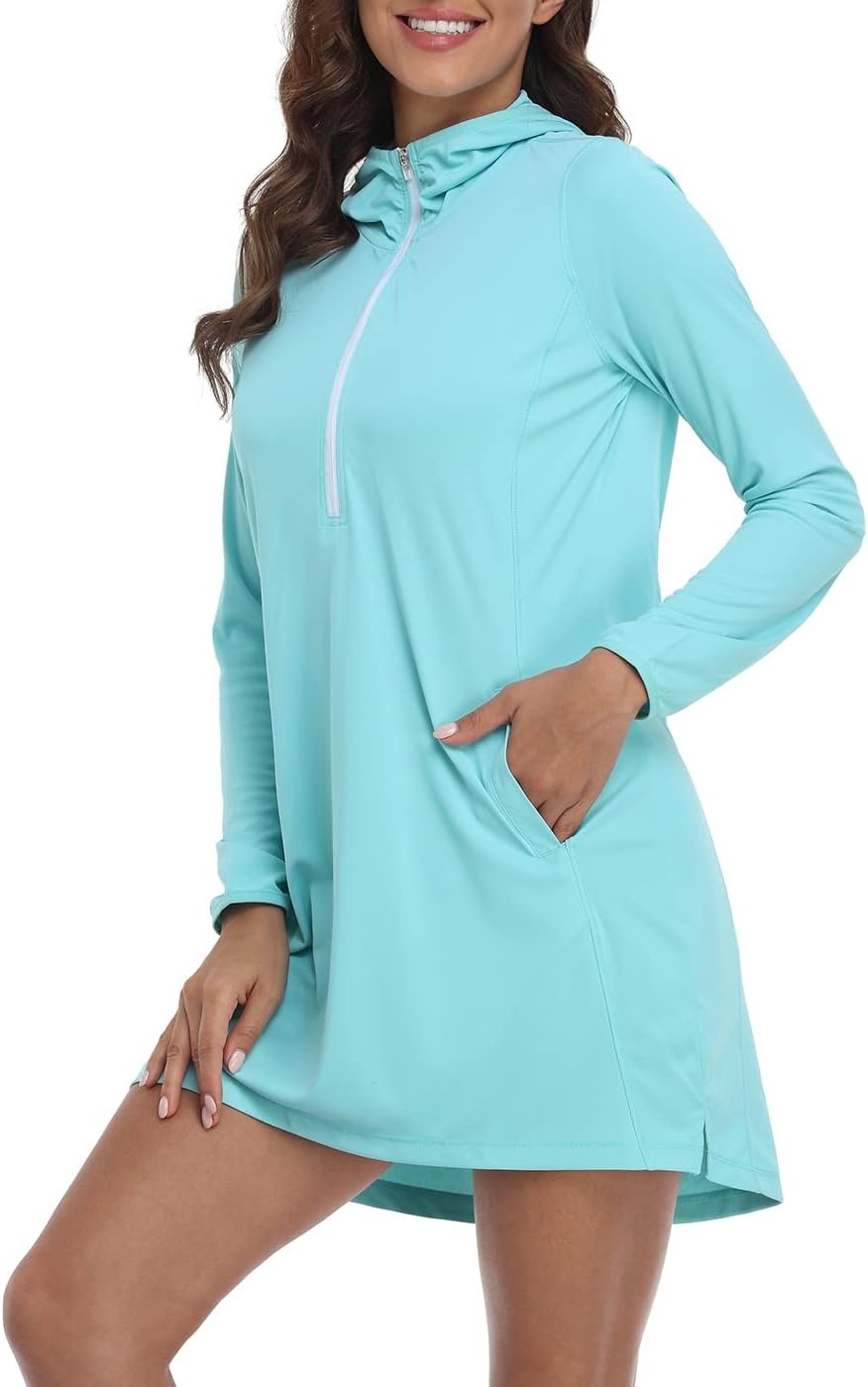 image:imageHDE Beach Coverups for Women UPF 50 Long Sleeve Swim Cover Up Dress with Hood Quick Dry Sun Protection Tunic with PocketsBlue