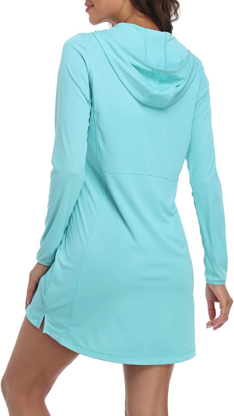 image:imageHDE Beach Coverups for Women UPF 50 Long Sleeve Swim Cover Up Dress with Hood Quick Dry Sun Protection Tunic with PocketsBlue