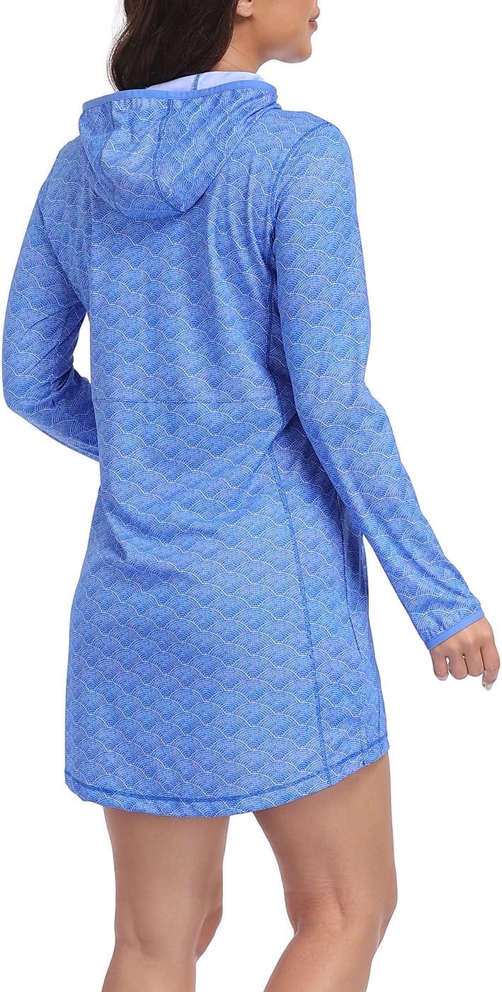image:imageHDE Beach Coverups for Women UPF 50 Long Sleeve Swim Cover Up Dress with Hood Quick Dry Sun Protection Tunic with PocketsBlue Shell Mosaic