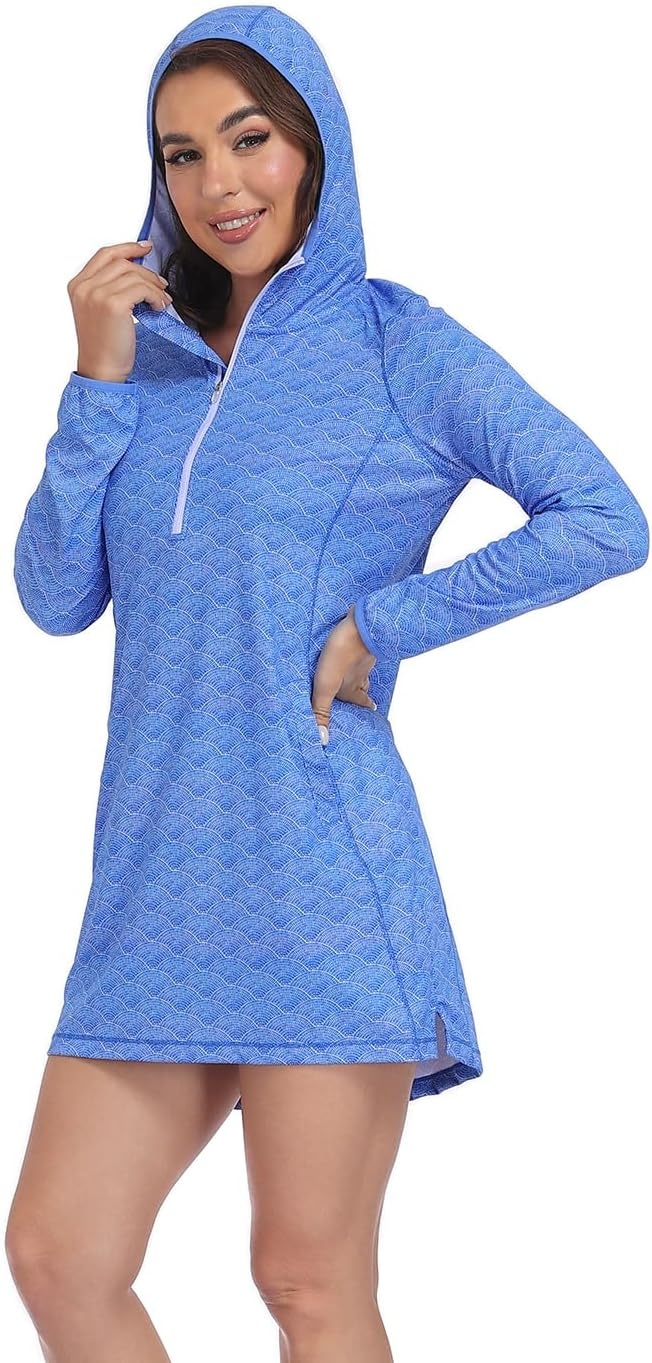 image:imageHDE Beach Coverups for Women UPF 50 Long Sleeve Swim Cover Up Dress with Hood Quick Dry Sun Protection Tunic with PocketsBlue Shell Mosaic