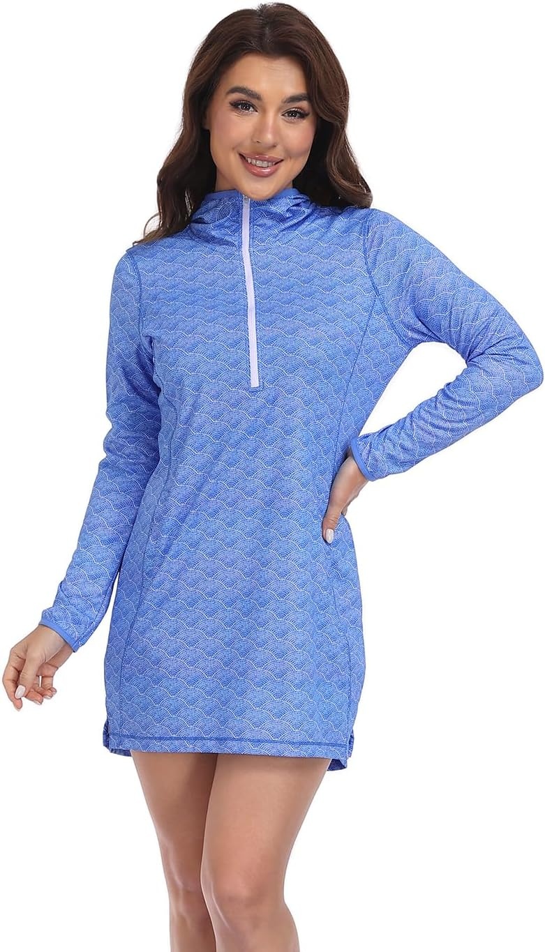 image:imageHDE Beach Coverups for Women UPF 50 Long Sleeve Swim Cover Up Dress with Hood Quick Dry Sun Protection Tunic with PocketsBlue Shell Mosaic