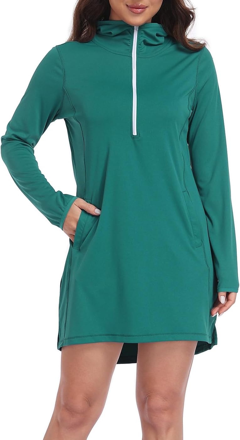 image:imageHDE Beach Coverups for Women UPF 50 Long Sleeve Swim Cover Up Dress with Hood Quick Dry Sun Protection Tunic with PocketsDark Teal