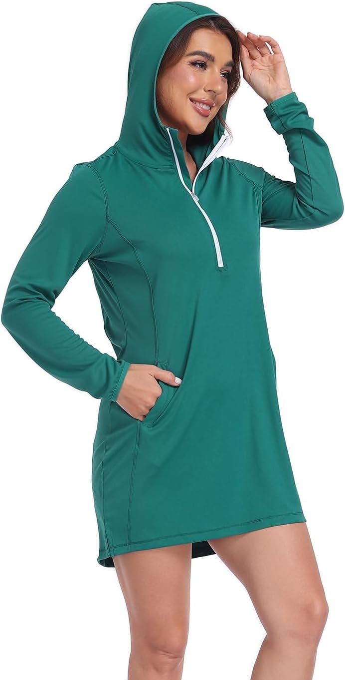image:imageHDE Beach Coverups for Women UPF 50 Long Sleeve Swim Cover Up Dress with Hood Quick Dry Sun Protection Tunic with PocketsDark Teal