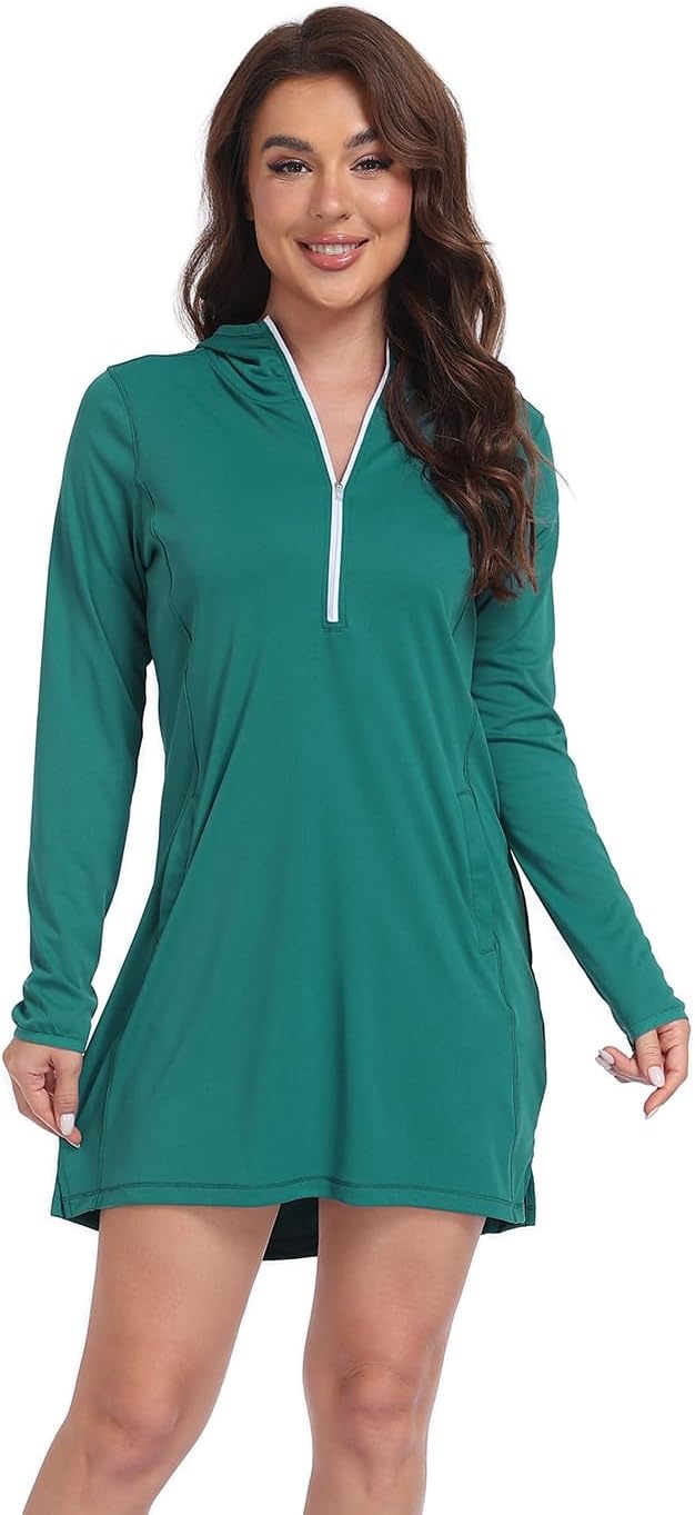 image:imageHDE Beach Coverups for Women UPF 50 Long Sleeve Swim Cover Up Dress with Hood Quick Dry Sun Protection Tunic with PocketsDark Teal