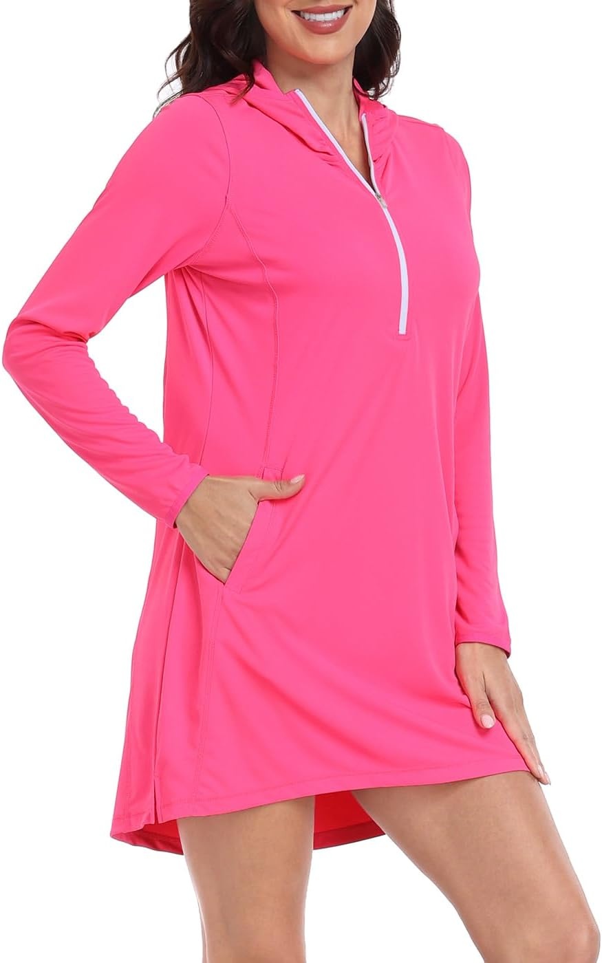 image:imageHDE Beach Coverups for Women UPF 50 Long Sleeve Swim Cover Up Dress with Hood Quick Dry Sun Protection Tunic with PocketsHot Pink