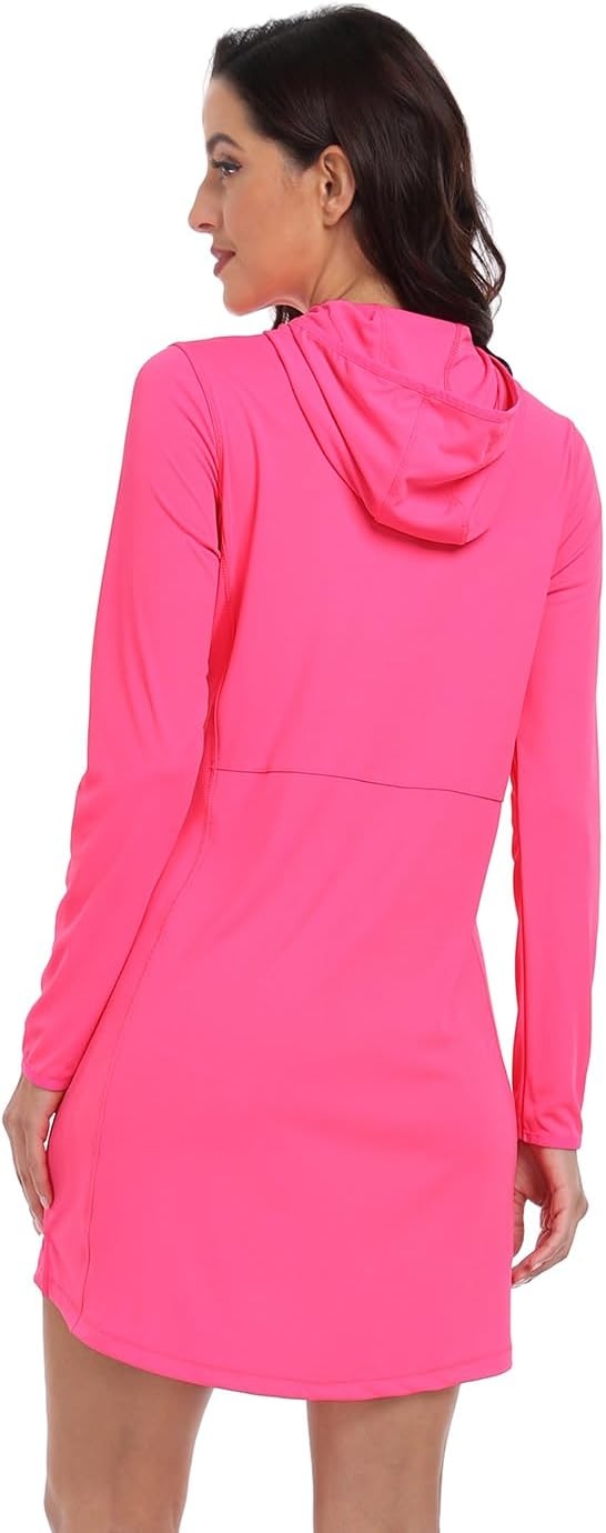 image:imageHDE Beach Coverups for Women UPF 50 Long Sleeve Swim Cover Up Dress with Hood Quick Dry Sun Protection Tunic with PocketsHot Pink