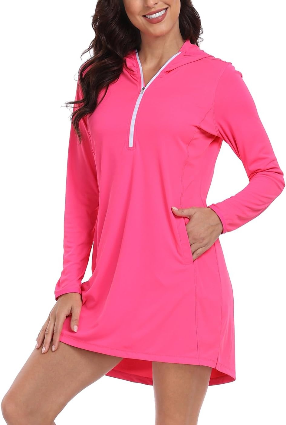 image:imageHDE Beach Coverups for Women UPF 50 Long Sleeve Swim Cover Up Dress with Hood Quick Dry Sun Protection Tunic with PocketsHot Pink