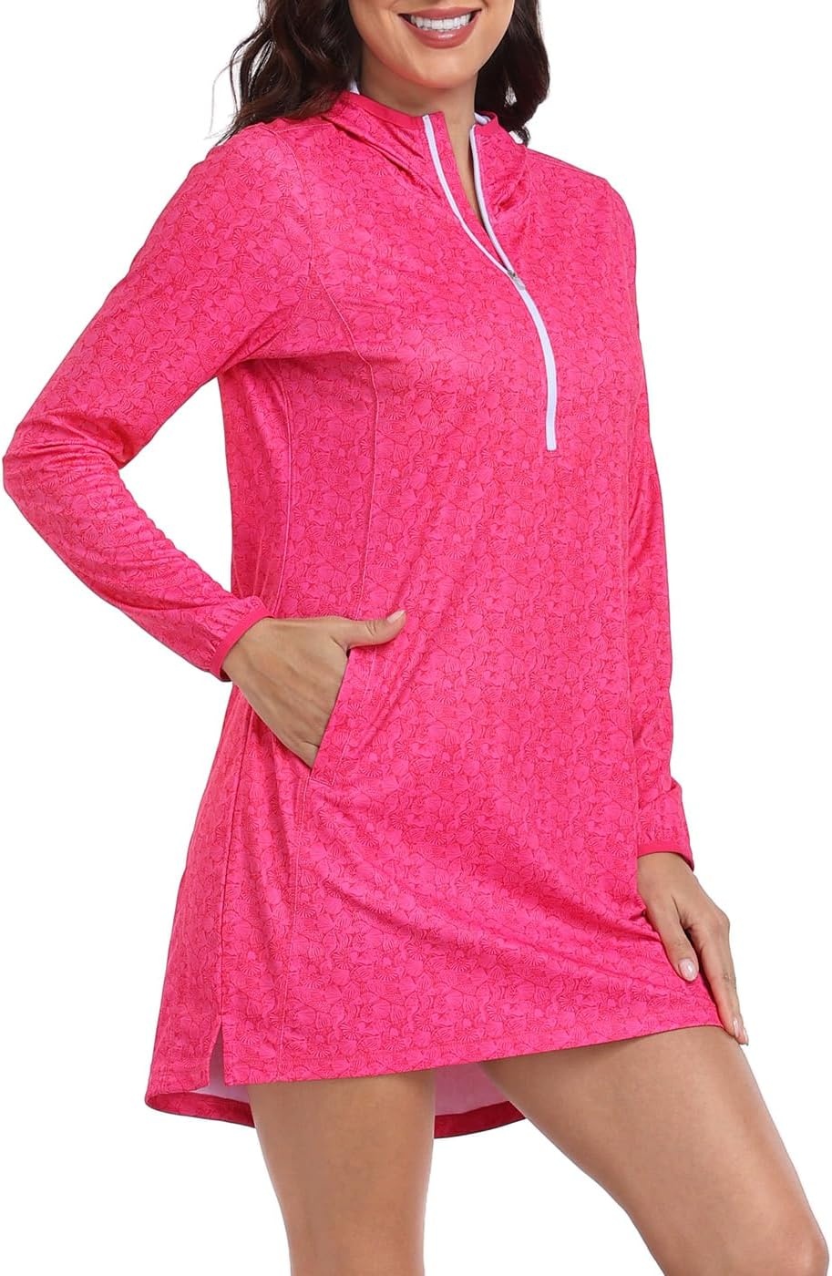 image:imageHDE Beach Coverups for Women UPF 50 Long Sleeve Swim Cover Up Dress with Hood Quick Dry Sun Protection Tunic with PocketsHot Pink Seashells